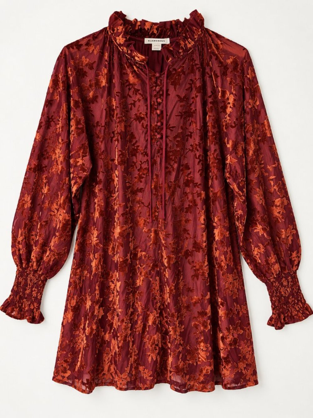 Glamorous Burnout Velvet Long Sleeve Red Half Button Mini Dress Tunic Large